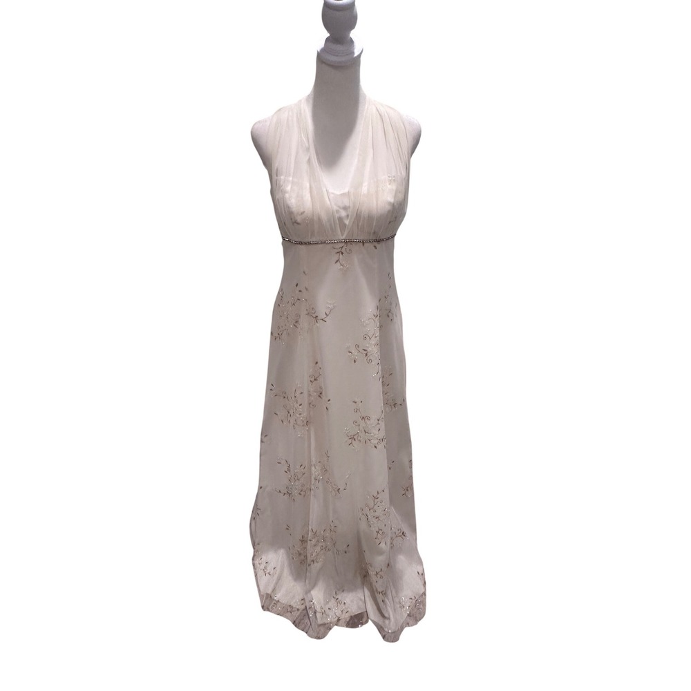 Betsy &‎ Adam Vintage White Floral Halter Sequin Cocktail Gown Dress Sz 8